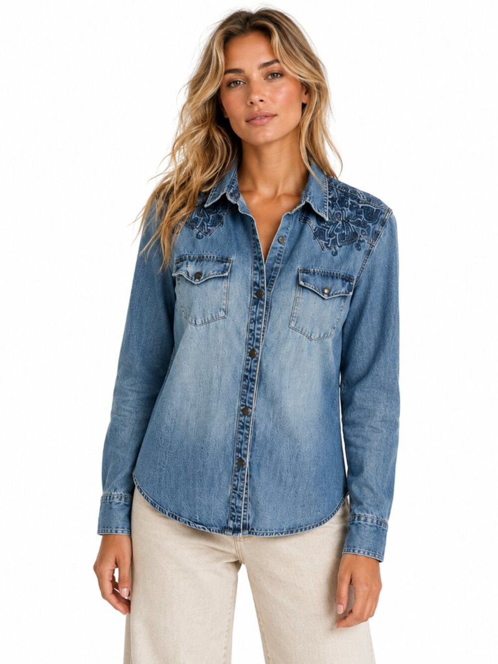 Wrangler Denim Western Shirt Blue Embroidered Yoke Button Up Boho Size Large